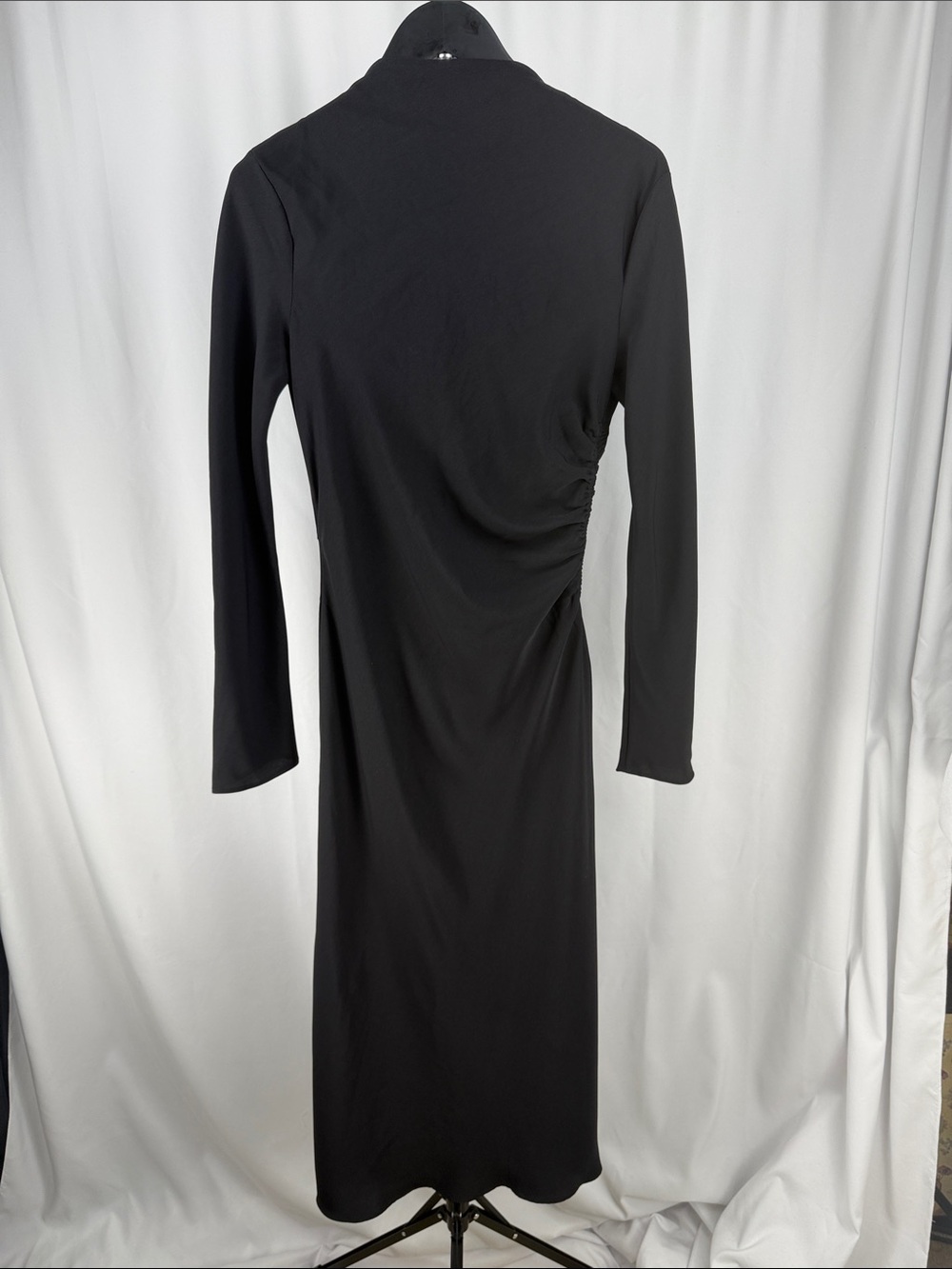 Mango Black Long-Sleeve Ruched Side Midi Dress